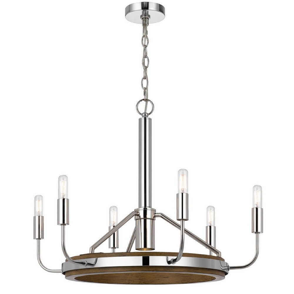 6-Light Candelabra Chandelier with LED | Chrome & Oak Wood | 26"