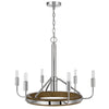 6-Light Candelabra Chandelier with LED | Chrome & Oak Wood | 26"