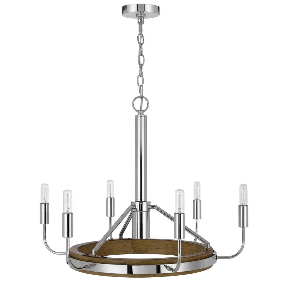 6-Light Candelabra Chandelier with LED | Chrome & Oak Wood | 26"