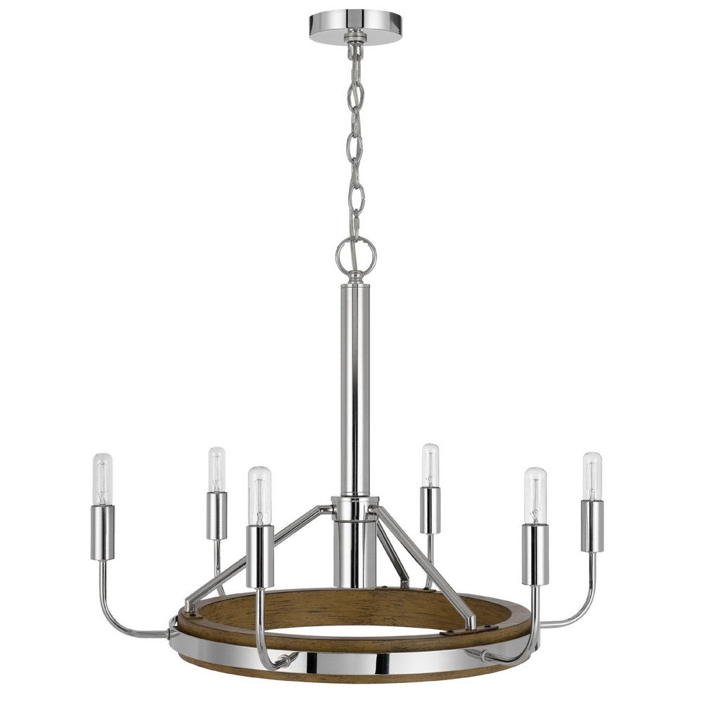6-Light Candelabra Chandelier with LED | Chrome & Oak Wood | 26"