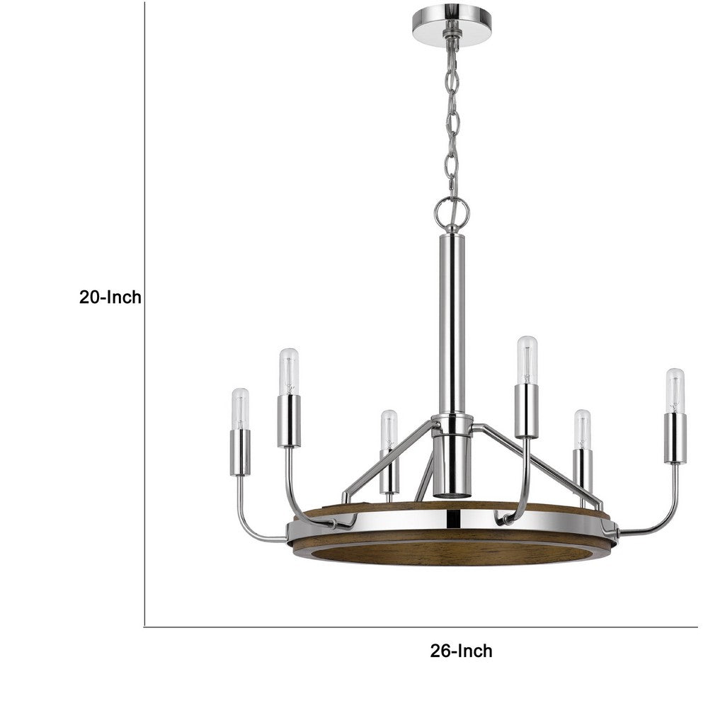 6-Light Candelabra Chandelier with LED | Chrome & Oak Wood | 26"