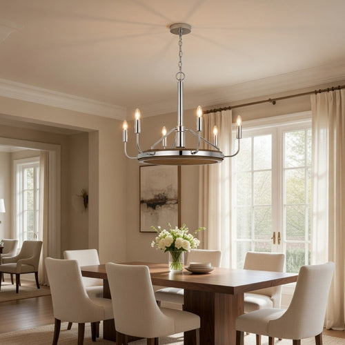 6-Light Candelabra Chandelier with LED | Chrome & Oak Wood | 26"