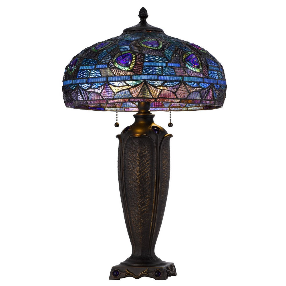 Table Lamp with Pull Chain | Blue Tiffany Stained Glass | 26" Dark Bronze