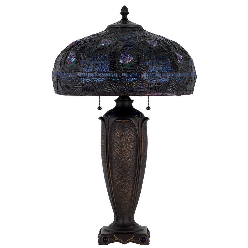 Table Lamp with Pull Chain | Blue Tiffany Stained Glass | 26" Dark Bronze
