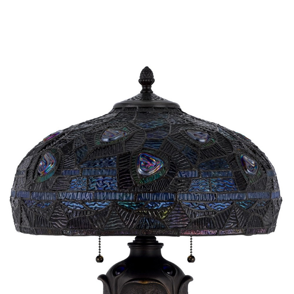 Table Lamp with Pull Chain | Blue Tiffany Stained Glass | 26" Dark Bronze