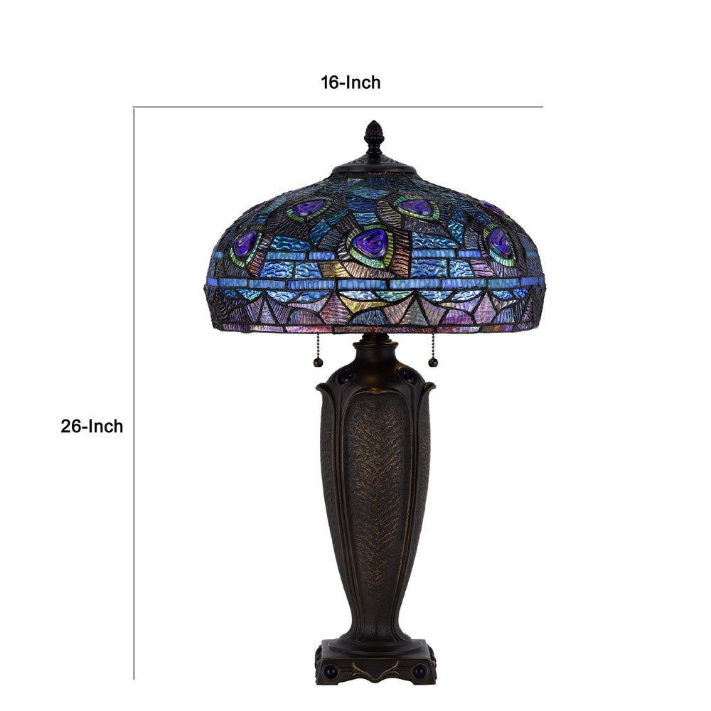 Table Lamp with Pull Chain | Blue Tiffany Stained Glass | 26" Dark Bronze