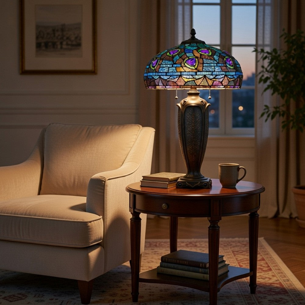Table Lamp with Pull Chain | Blue Tiffany Stained Glass | 26" Dark Bronze