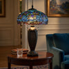 Table Lamp with Pull Chain | Blue Tiffany Stained Glass | 26" Dark Bronze