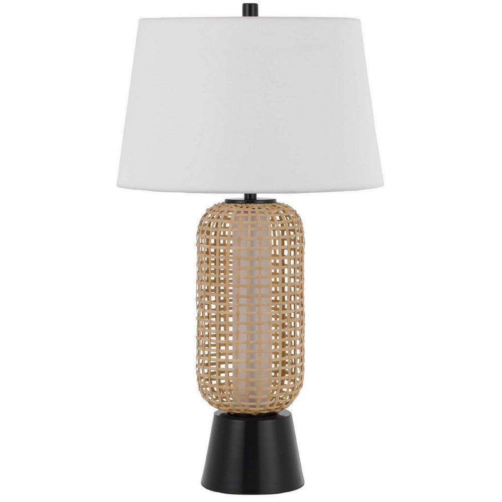 Table Lamp with LED Light | White Shade | Modern Brown Wicker | 30"
