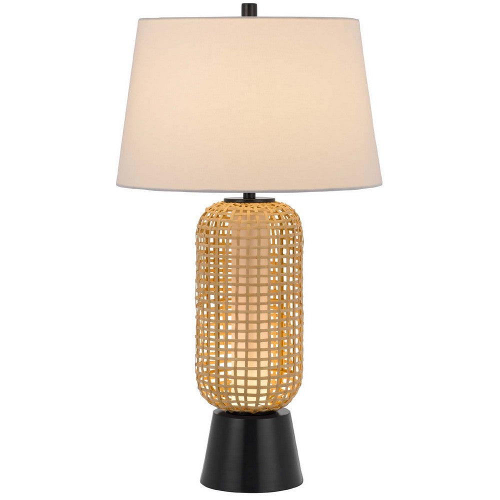 Table Lamp with LED Light | White Shade | Modern Brown Wicker | 30"