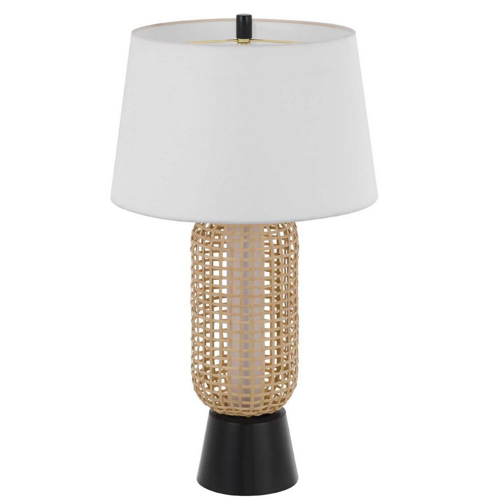Table Lamp with LED Light | White Shade | Modern Brown Wicker | 30"