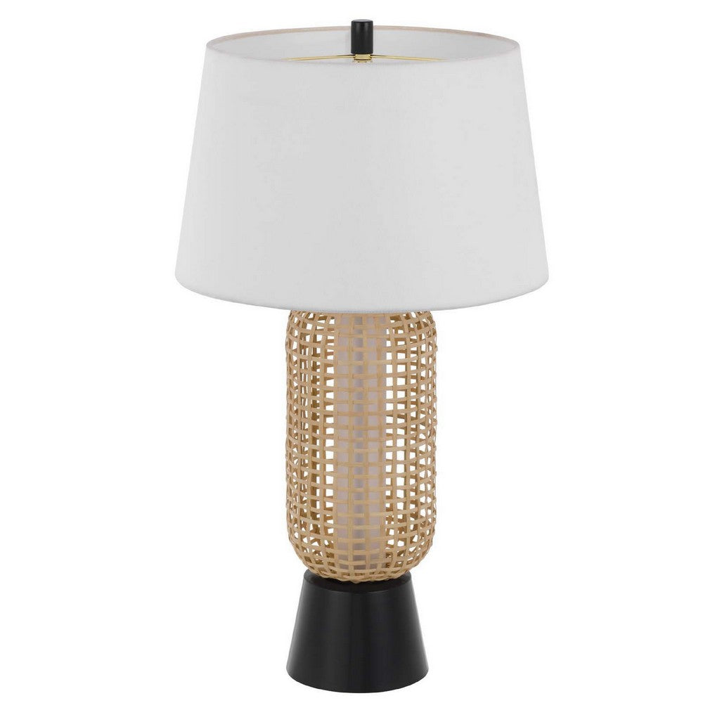 Table Lamp with LED Light | White Shade | Modern Brown Wicker | 30"