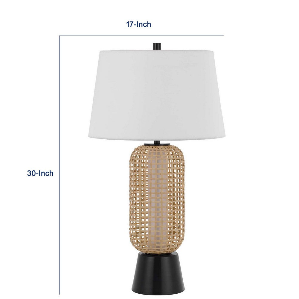 Table Lamp with LED Light | White Shade | Modern Brown Wicker | 30"