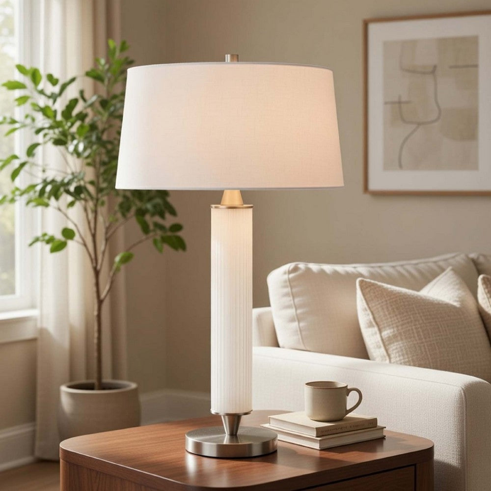 Table Lamp with LED Light | White Shade | Fluted Frosted Glass | 30"
