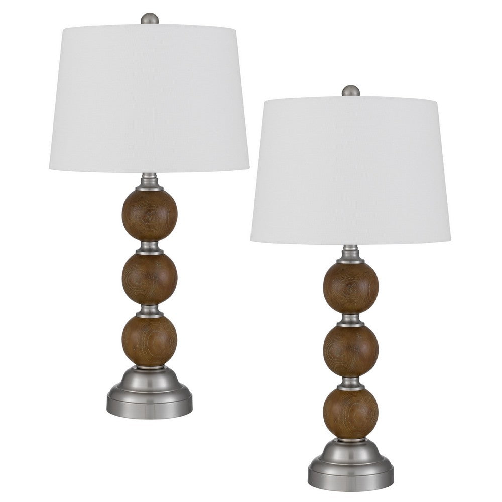 Table Lamp Set of 2 | Off White Shade | Stacked Bead Base 28" Brushed Steel