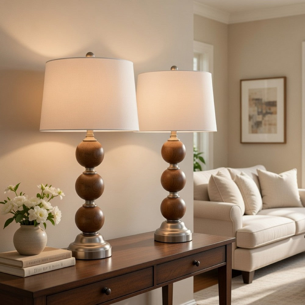 Table Lamp Set of 2 | Off White Shade | Stacked Bead Base 28" Brushed Steel