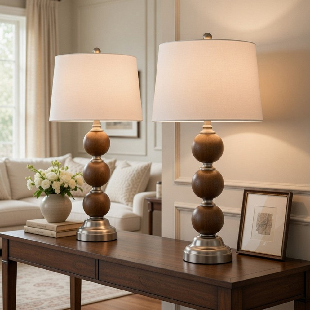 Table Lamp Set of 2 | Off White Shade | Stacked Bead Base 28" Brushed Steel