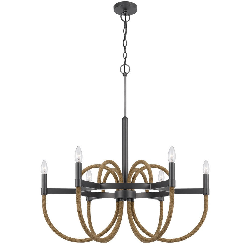 6-Light Candelabra Chandelier with Burlap Rope Accents | Black Metal | 31"