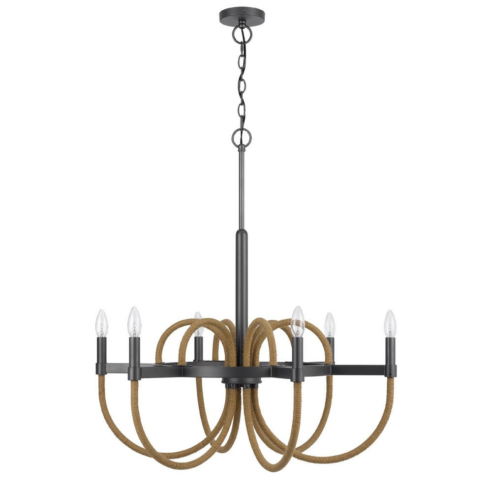 6-Light Candelabra Chandelier with Burlap Rope Accents | Black Metal | 31"