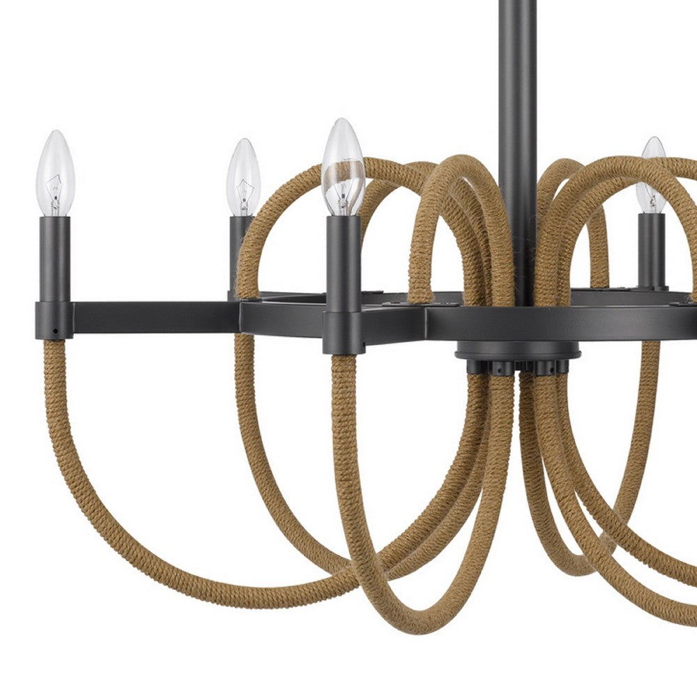 6-Light Candelabra Chandelier with Burlap Rope Accents | Black Metal | 31"
