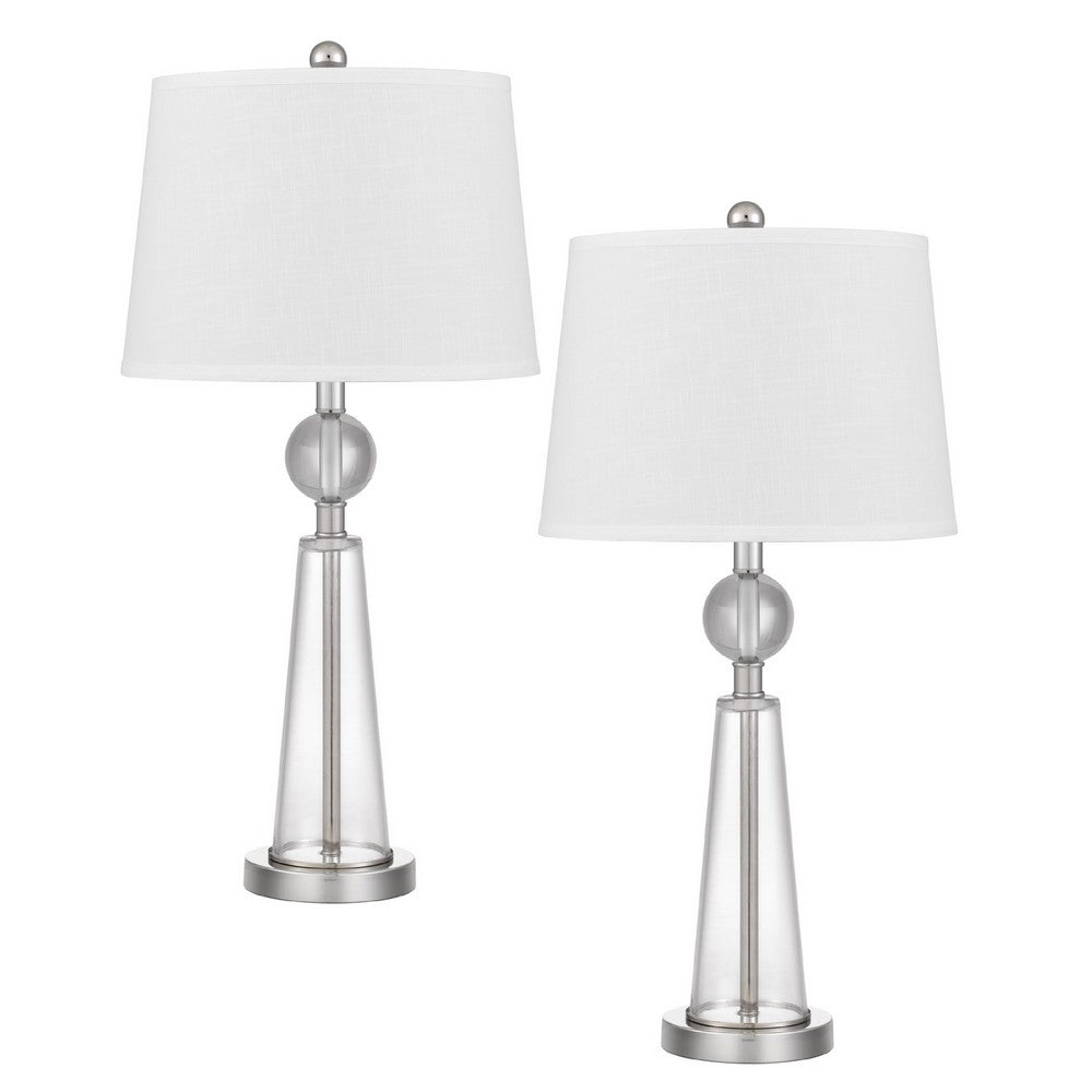 Table Lamp Set of 2 | Off White Shade | Taper Glass Base | Brushed Steel