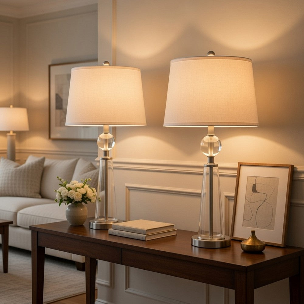 Table Lamp Set of 2 | Off White Shade | Taper Glass Base | Brushed Steel