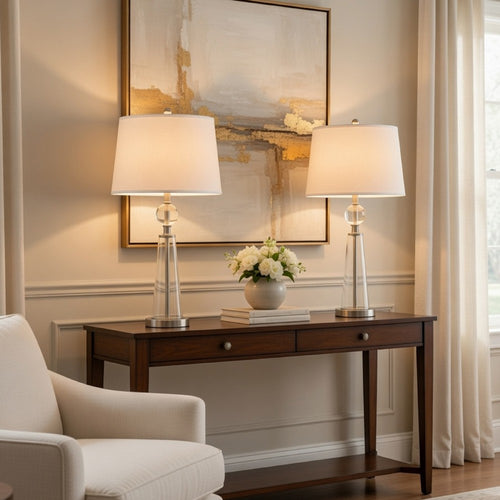 Table Lamp Set of 2 | Off White Shade | Taper Glass Base | Brushed Steel
