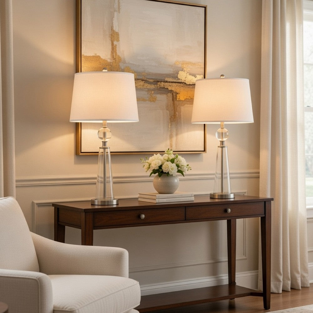 Table Lamp Set of 2 | Off White Shade | Taper Glass Base | Brushed Steel