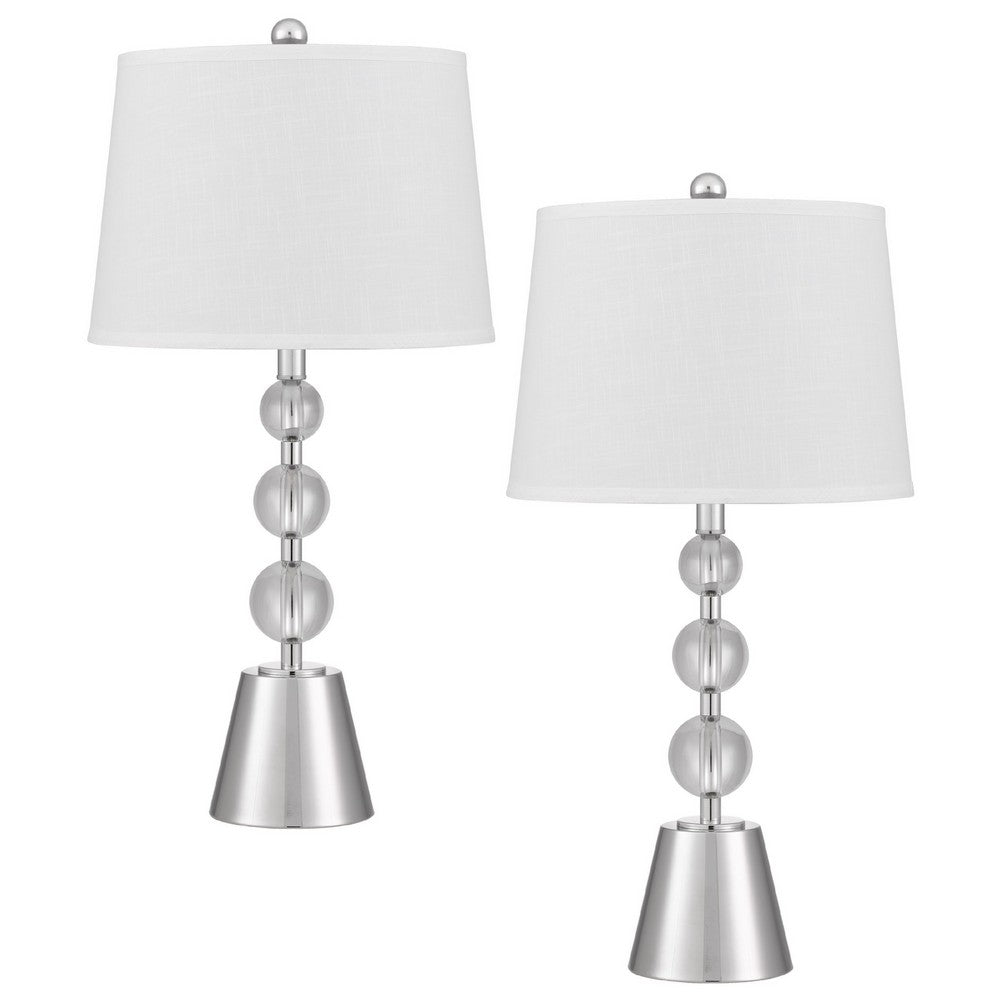 Table Lamp Set of 2 | Off White Shade | Brushed Steel Stacked Beaded Base