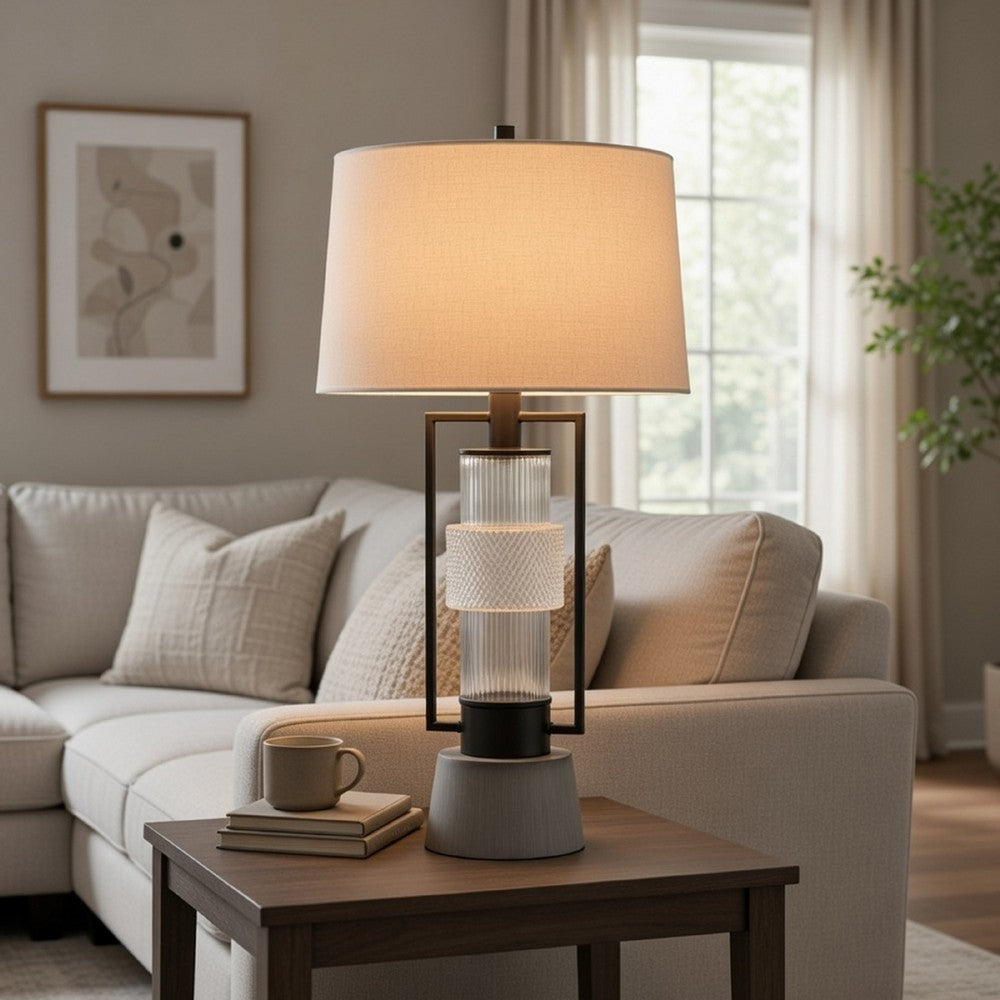 Table Lamp with LED Light | Burlap Shade | 31" Black Lantern Base