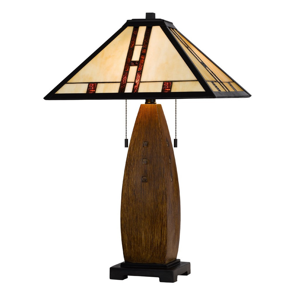 Table Lamp with Pull Chain | Tiffany Stained Glass Shade | 26" Brown