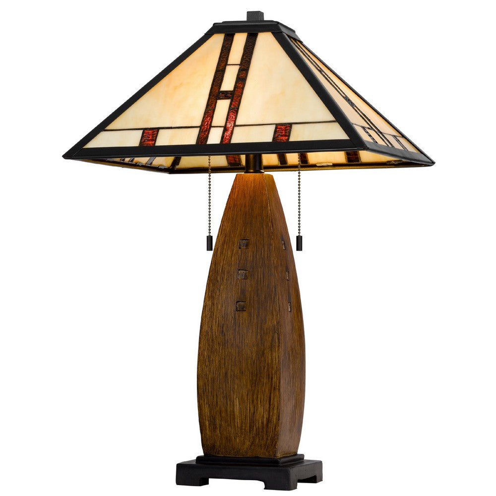 Table Lamp with Pull Chain | Tiffany Stained Glass Shade | 26" Brown