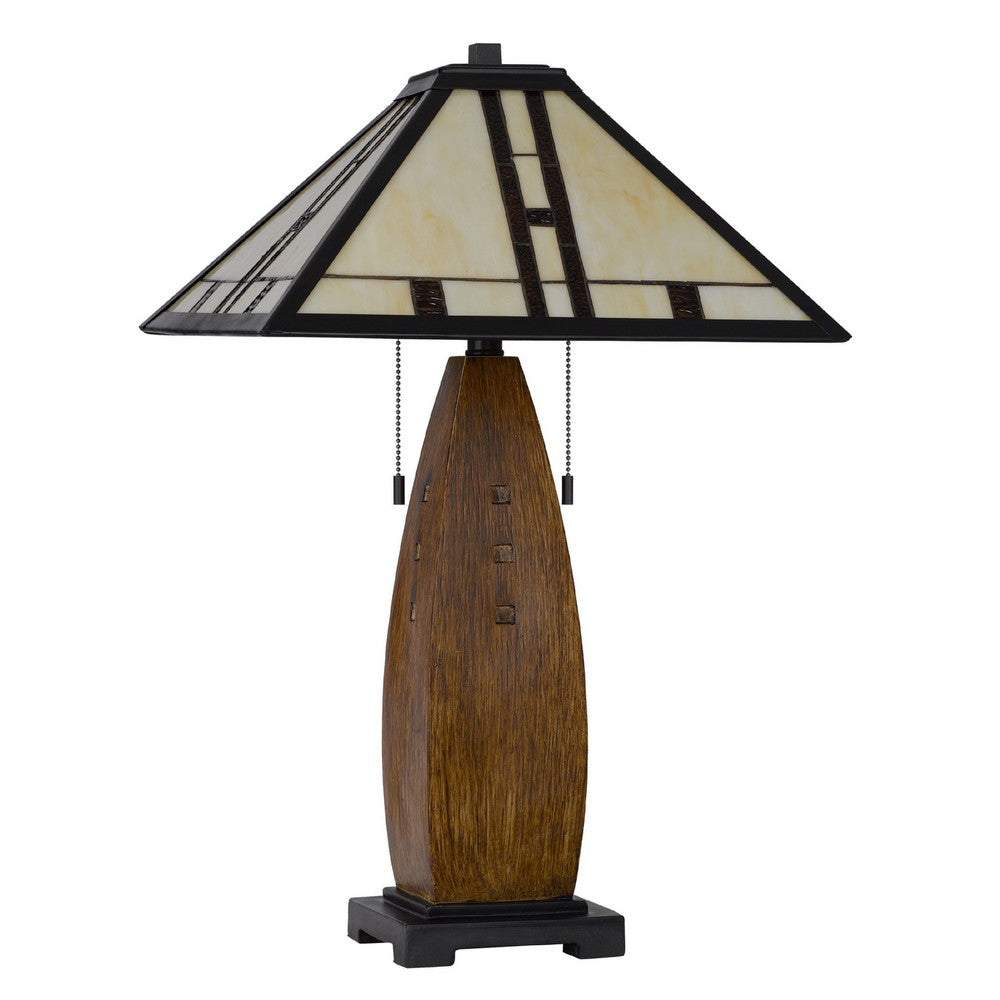Table Lamp with Pull Chain | Tiffany Stained Glass Shade | 26" Brown