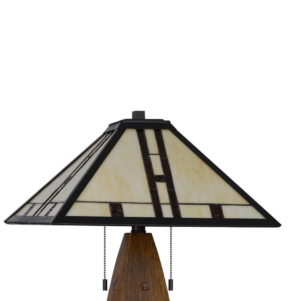 Table Lamp with Pull Chain | Tiffany Stained Glass Shade | 26" Brown