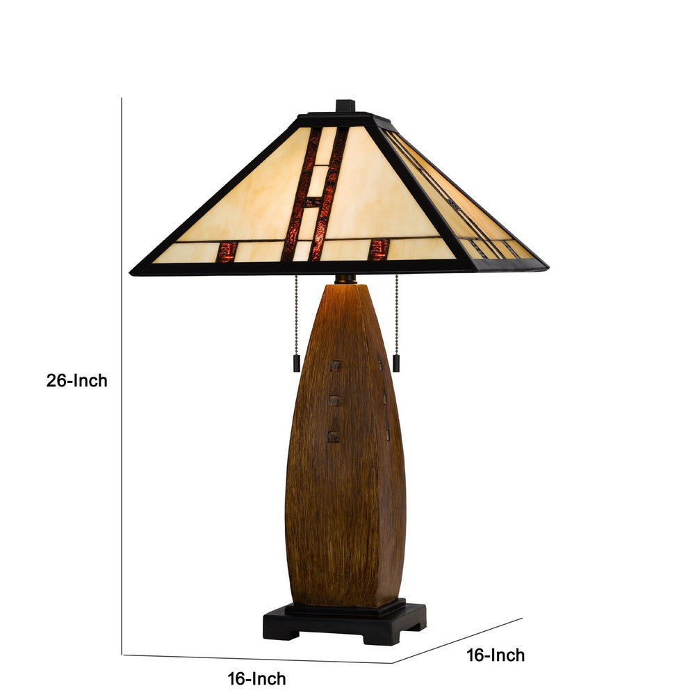 Table Lamp with Pull Chain | Tiffany Stained Glass Shade | 26" Brown