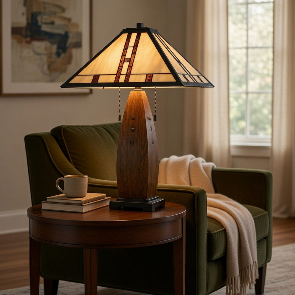 Table Lamp with Pull Chain | Tiffany Stained Glass Shade | 26" Brown