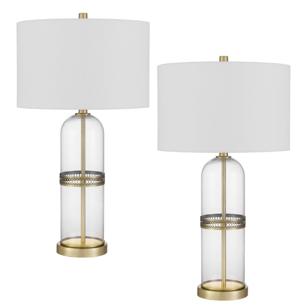 Table Lamp Set of 2 | Glass Dome Body | Off White Shade | Antique Brass