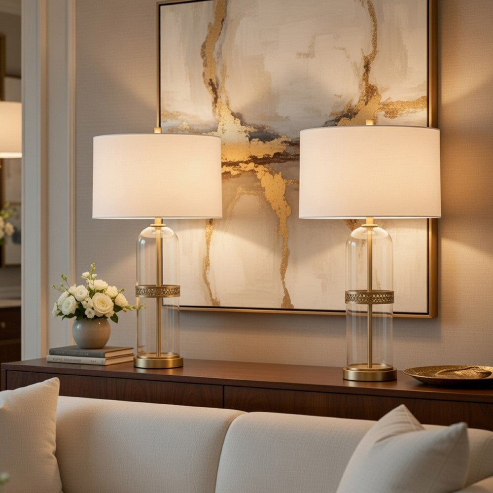 Table Lamp Set of 2 | Glass Dome Body | Off White Shade | Antique Brass