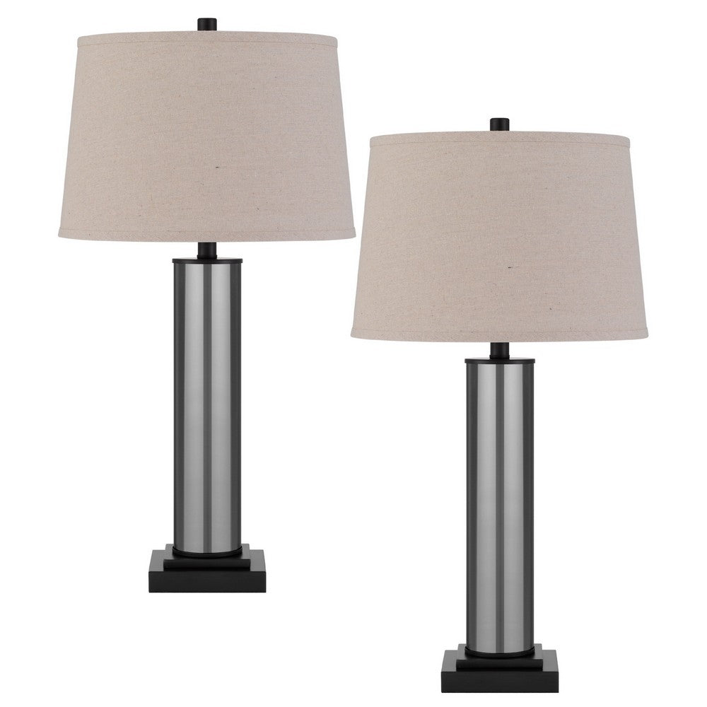 Table Lamp Set of 2 | Beige Drum Shade | Black Glass Pedestal Base