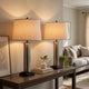 Table Lamp Set of 2 | Beige Drum Shade | Black Glass Pedestal Base