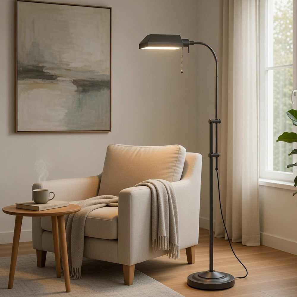 Arc Floor Lamp with Pull Chain | 42-58" Adjustable Pole | Gray Metal
