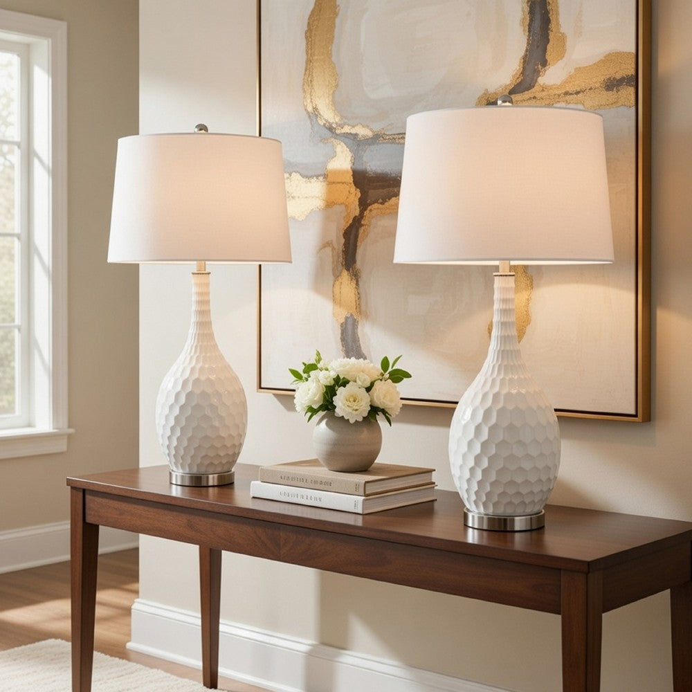 Table Lamp Set of 2 | Sculpted Slim Neck Glass Base | Off White Shade