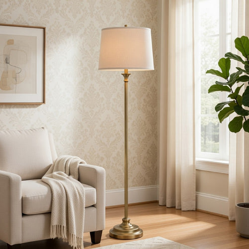 Floor Lamp with Light Gray Hardback Linen Shade | 61" Antique Brass