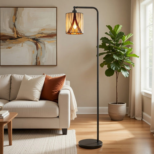 Tiffany Glass Floor Lamp with Adjustable Head | 58" Black | Natural Tones