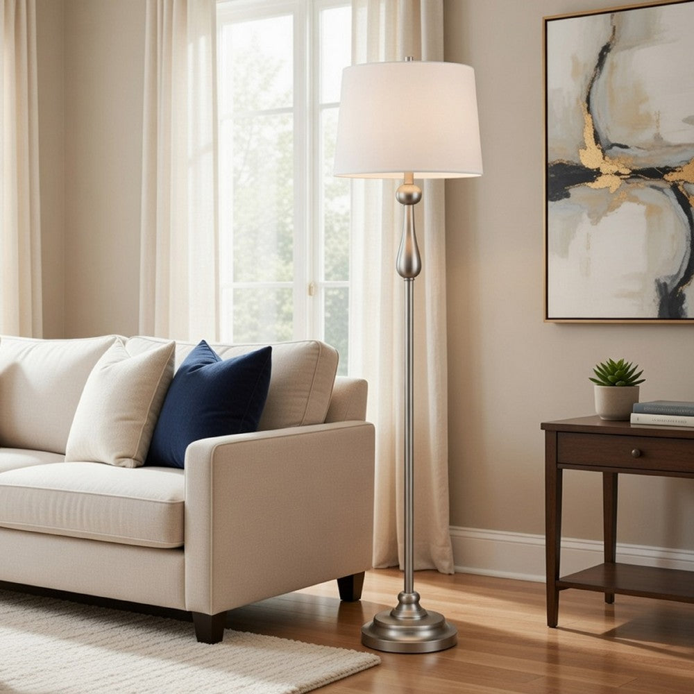 Floor Lamp with White Hardback Linen Shade | 61" Modern Brushed Steel