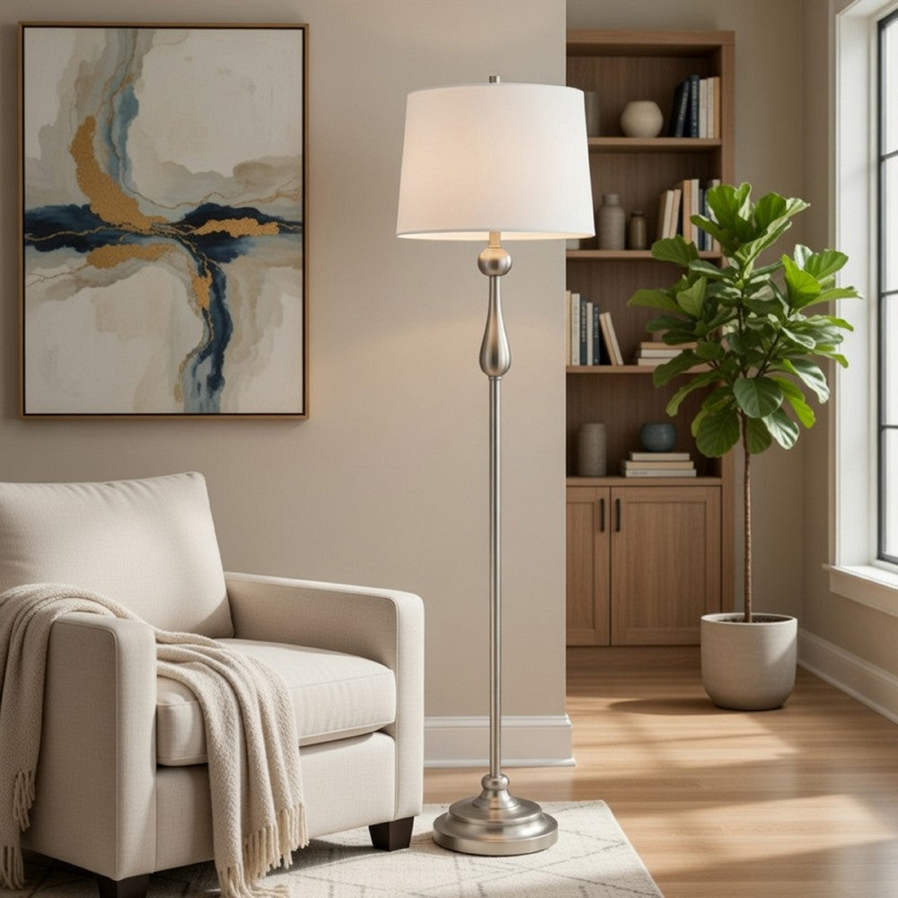 Floor Lamp with White Hardback Linen Shade | 61" Modern Brushed Steel