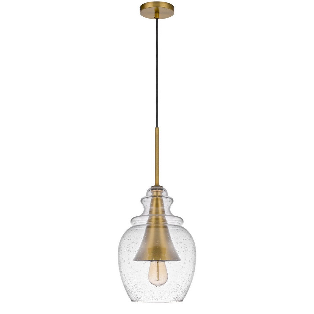 Pendant Light | Seeded Jar Glass Shade | Antique Brass Cone Center Accent