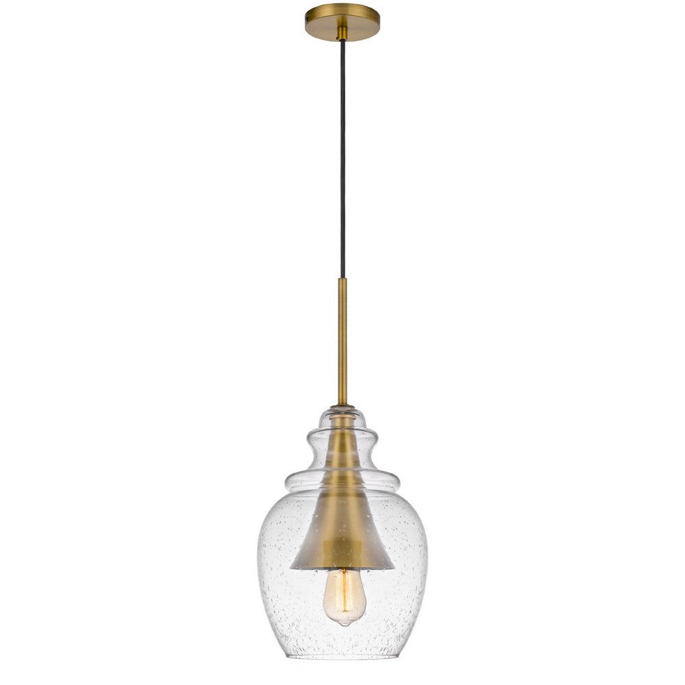 Pendant Light | Seeded Jar Glass Shade | Antique Brass Cone Center Accent