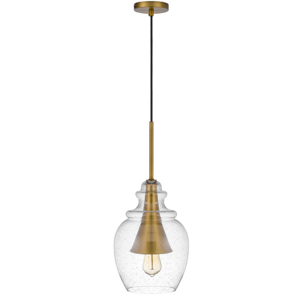 Pendant Light | Seeded Jar Glass Shade | Antique Brass Cone Center Accent