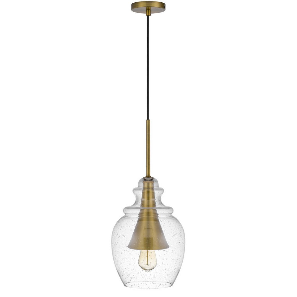 Pendant Light | Seeded Jar Glass Shade | Antique Brass Cone Center Accent